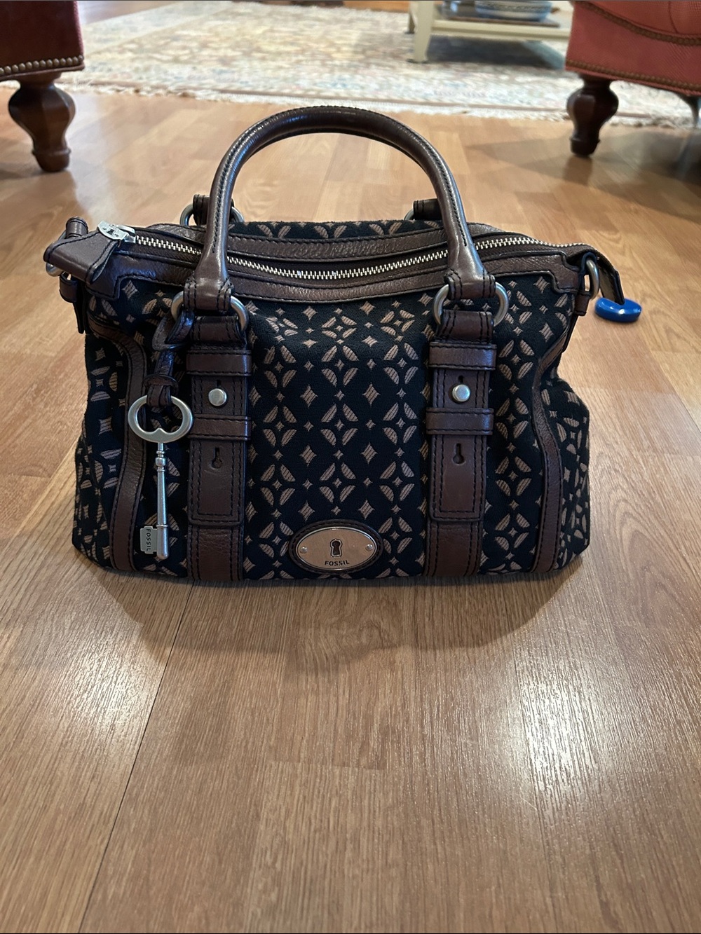 Fossil Black and Brown Patterned Leather-Trim Satchel